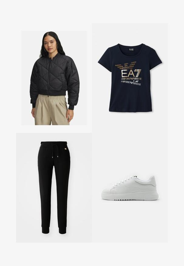 Mustat tikkikuvioiset bomber-takit, joissa on vetoketjukiinnitys, ribbireunat hihoissa ja helmassa, pehmeä, kiiltävä pinta ja timanttikuosi.; Tummansininen lyhythihainen t-paita, joka on valmistettu puuvillasta ja jossa on metallinhohtoinen kultainen graafinen logo, jossa on tekstiä sekä tyyliteltyjä korppikotkan siipikoristeita.; Mustat kapenevat collegehousut, joissa on kiristysnauha vyötäröllä ja resorit nilkoissa, esillä pelkällä valkoisella taustalla.; Valkoiset tennarit, joissa on teksturoitu nahkainen päällinen, pyöreä kärki ja nauhakiinnitys. Paksu valkoinen kumiulkopohja, jossa on teksturoidut pito-kuviot.