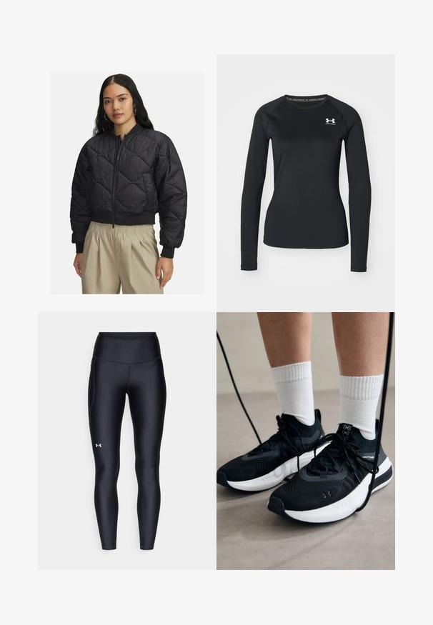 Zwarte gewatteerde bomberjack met een ritssluiting aan de voorkant, ribgebreide manchetten en onderkant, met een zachte, glanzende textuur en een ruitenpatroon.; Zwart sportshirt met lange mouwen, gemaakt van een gladde stof, met een ronde halslijn en een klein wit logo op de linkerborst.; Zwarte leggings van glad, rekbaar materiaal met een hoge tailleband. Heeft een wit logo op de linkerdij en een aansluitend ontwerp.; Zwarte sportschoenen van gestructureerde stof, met een witte zool en zwarte veters. Draag ze met witte geribde sokken, staand op een lichte ondergrond.