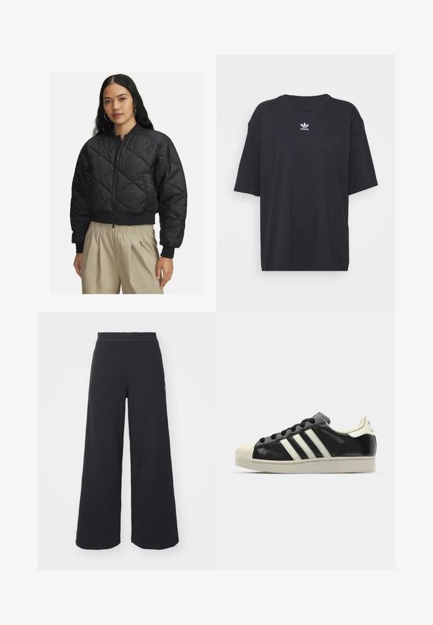 Black quilted bomber jacket with a zip front, ribbed cuffs and hem, featuring a soft, shiny texture and diamond pattern.; Black cotton t-shirt with short sleeves, round neckline, features a white Adidas logo on the chest. Simple design, relaxed fit.; Black wide-leg sweatpants made from soft fabric, featuring an elastic waistband and a small logo on the left side.; Black leather sneaker with white stripes, rubber toe cap, black laces, and a cream-colored outsole. Smooth texture with shiny finish.