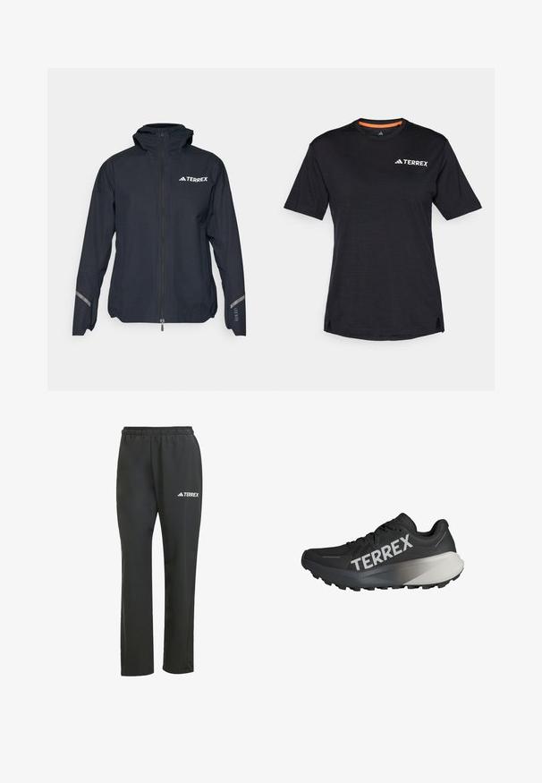 adidas Terrex TERREX XPERIOR 2.5L LIGHT RAIN.RDY JACKET - Windbreaker - black; Black short-sleeve T-shirt with round neckline, featuring a subtle heather texture and white "TERREX" logo on the upper left side.; Black lightweight pants with an elastic waistband. Features a subtle “TERREX” logo in white. Smooth fabric and straight-leg design.; Black running shoe with a textured upper, prominent "TERREX" logo in white, tapered sole design, and a gradient gray accent on the heel.