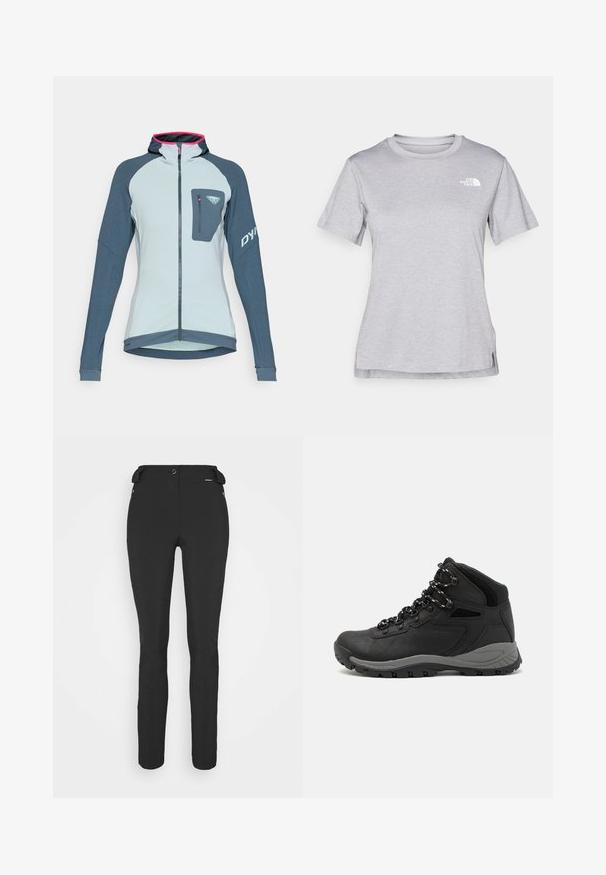 Casaco com capuz em azul claro e azul escuro, com fecho zip, tecido texturizado, corte justo e um bolso no peito com fecho zip. Detalhes em rosa na capuz.; T-shirt cinza de mangas curtas feito de um tecido suave e que absorve a humidade. Apresenta um decote redondo e um pequeno logotipo branco na parte superior esquerda.; Calças pretas, ajustadas, feitas de um material flexível. As características incluem um bolso lateral com fecho éclair, joelhos articulados e uma textura suave.; Bota de caminhada preta com design de cano médio, apresentando um upper texturizado, detalhes cinzentos e sola de borracha durável com cravos de tração.