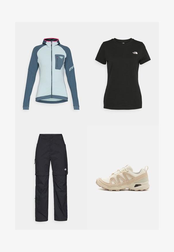 Svetlomodrá a tmavomodrá zapínacia bunda s kapucňou, textúrovaná tkanina, úzky strih a náprsné vrecko so zipsom. Ružové akcenty na kapucni.; Čierne bavlnené tričko s okrúhlym výstrihom a krátkymi rukávmi. Výrazné biele logo na hornej ľavej strane. Hladká štruktúra, pohodlný strih.; Čierne nylonové cargo nohavice s odnímateľnými nohavicami, nastaviteľnými manžetami, viacerými vreckami a logom na pravej nohe. Hladká, ľahká textúra.; Beige a krémová športová obuv s textúrovaným sieťovým zvrškom, podporujúcimi prekrytiami a gumovou podrážkou s dezénom pre trakciu.