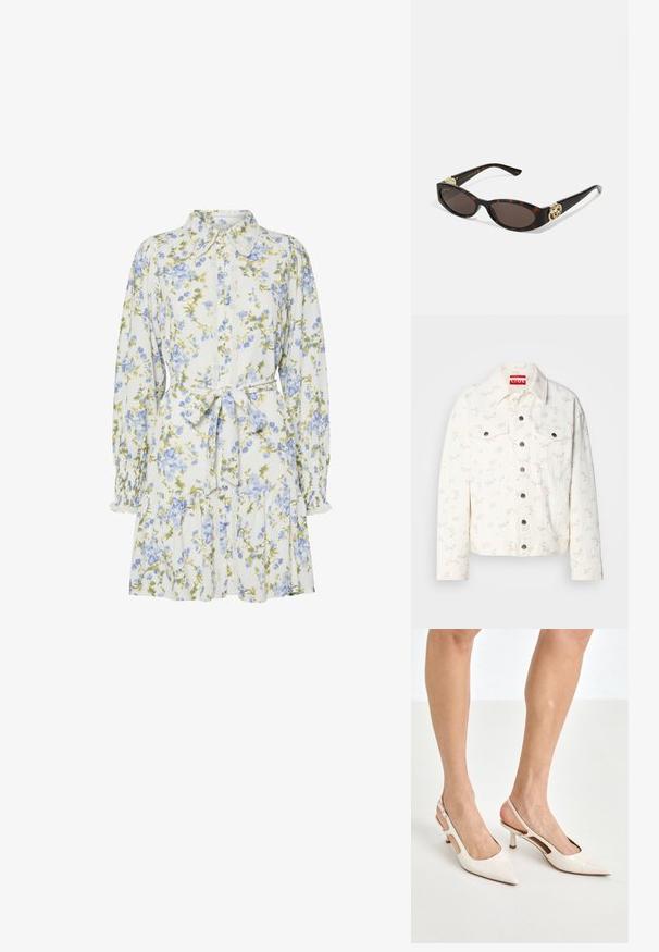 Witte denim jas met kleine roze bloemenprints, twee voorzakken en zilveren drukknoopsluiting. Textuurstof. Cropped fit.; Bloemendress in het wit met blauwe en groene bloemen, voorzien van een kraag, knoopsluiting aan de voorkant, lange mouwen met elastische manchetten en een tailleband.; Beige gepatineerde leren slingback hakken met een spitze neus en een hak van 5 cm, met uitsparingen aan de zijkanten en een dunne enkelband.; Schildpadbril met langwerpige ovale lenzen, bruine tint, gouden logo-accenten op de pootjes en slanke zwarte armen.