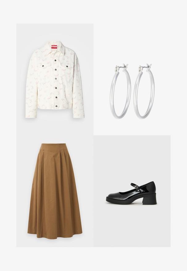 Veste en denim blanche avec de petits motifs floraux roses, deux poches avant et boutons-pression argentés sur la fermeture. Tissu texturé. Coupe courte.; Bodysuit noir à manches longues avec col haut, doté d'un tissu solide sur le torse et de manches en maille transparente, conçu dans une coupe ajustée.; Jupe A-line en coton brun avec taille haute, dotée de plis sur le devant et d'une texture lisse. Les finitions de l'ourlet sont nettes et simples.; Chaussure Mary Jane en cuir verni noir avec un embout arrondi, une sangle réglable et un talon carré épais. Présente une semelle texturée.; Boucles d'oreilles en argent avec une finition lisse et polie. Forme ronde et fermeture à clip sécurisée. Design léger adapté pour un port quotidien.