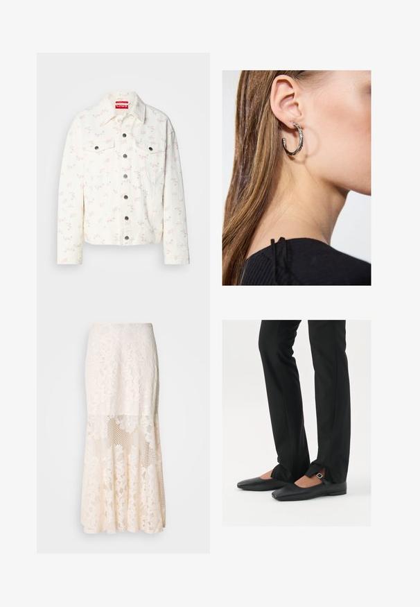 Veste en denim blanche avec de petits motifs floraux roses, deux poches avant et boutons-pression argentés sur la fermeture. Tissu texturé. Coupe courte.; Débardeur noir en tissu doux et extensible. Il dispose d'un col rond et de larges bretelles, avec une silhouette ajustée et une texture lisse.; Jupe midi en dentelle florale couleur crème ; elle présente un design superposé avec des sections transparentes, de la dentelle texturée, et un ourlet évasé.; Ballerines en cuir noire avec un bout pointu, sangle avec boucle en argent, associées à un pantalon noir sur mesure avec un ourlet fendu.; Boucle d'oreille en argent avec une finition polie, présentant de petits détails en or et de forme ronde, portée sur le lobe.