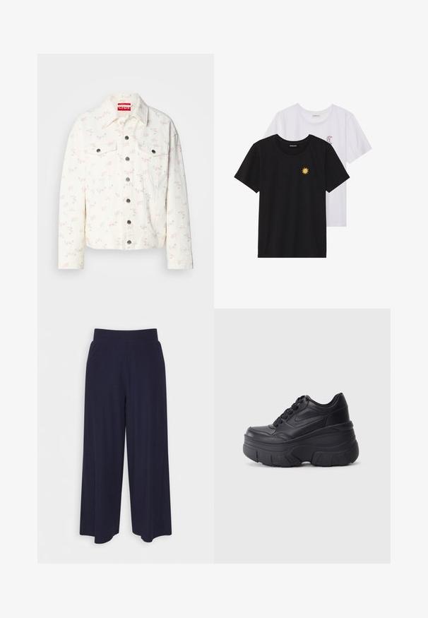 Valge denim jope väikeste roosade lillemustriga, kaks esikotti ja hõbedased nupud kinnitamiseks. Struktuurne kangas. Lühendatud lõige.; Mustvalged ja valged T-särgid, ümar kaelus, lühikesed varrukad. Must särgile on tikitud kollane päike; valgel särgil on lillakate poolkuu aktsent.; Tumed põlvpüksid tumedast meresinisest kangast, millel on sooneline tekstuur. Omab sujuvat vööd ja voolavat siluetti, ulatudes pooleni säärest.; Mustad mustaga värvi kingad, millel on paks tald, sile nahk peals, ümar nina ja eristuva kihilise platvormi disain.