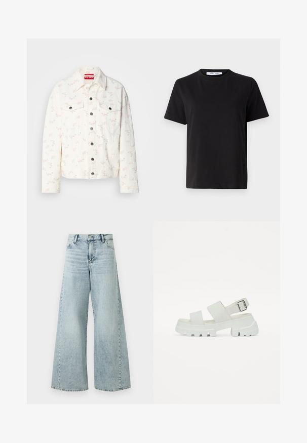 Fehér farmer dzseki apró rózsaszín virágmintával, két elülső zsebbel és ezüst színű snap gombokkal a záráshoz. Textúrált anyag. Rövidített fazon.; Fekete, rövid ujjú póló, puha pamutból készült, kerek nyakkivágással, laza szabással és sima textúrával. Nincs látható minta vagy grafikák.; Világoskék farmer, bő szárú nadrág magas derékkal, gombos záródással, öt zsebbel és rojtos szegéllyel.; Fehér szandál chunky talppal, széles két pánttal és csat részlettel a bokapánton. Simát textura, minimalista dizájn.