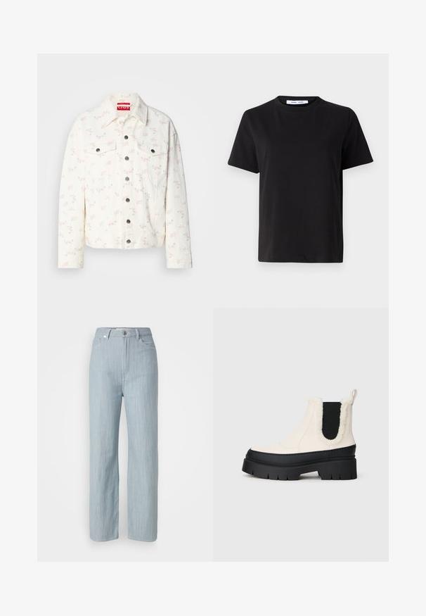 White denim jacket with small pink floral prints, two front pockets, and silver snap buttons on the closure. Textured fabric. Cropped fit.; Black short-sleeve t-shirt made of soft cotton, featuring a round neckline, relaxed fit, and a smooth texture. No visible patterns or graphics.; Light blue straight-leg jeans made of denim. Features five pockets, a metal button closure, and subtle whiskering for texture.; Chunky platform ankle boots with a white upper, black rubber sole, and contrasting black elastic side panels. Faux fur trim at the top edge.