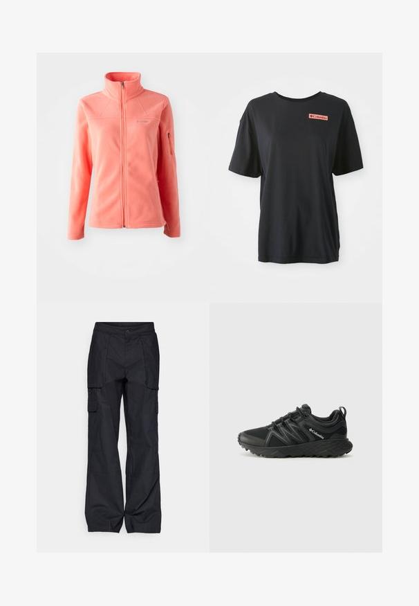 Jachetă din fleece coral cu guler înalt, fermoar pe toată fața, mâneci lungi și buzunar lateral cu fermoar. Textură moale și finisaj neted.; Tricou negru din bumbac, cu mâneci scurte, croială lejeră și un logo roșu rectangular pe pieptul stâng. Textură netedă și design simplu.; Columbia BREA FALLS™ COTTON RIPSTOP PANT - Pantaloni outdoor - black; Columbia PEAKFREAK - Pantofi drumeție - black