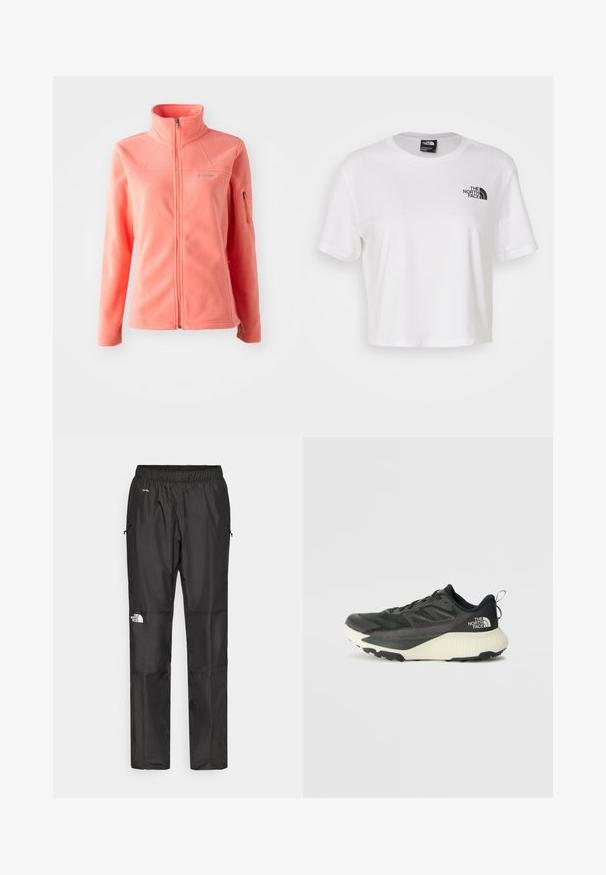 Korálová fleecová bunda s vysokým límcem, plným předním zipem, dlouhými rukávy a bočními kapsami na zip. Měkká textura a hladký povrch.; Bílé zkrácené tričko vyrobené z bavlny s kulatým výstřihem a krátkými rukávy. Na levé části hrudi je černé logo.; Černé voděodolné kalhoty vyrobené z lehkého materiálu, mají elastický pas, boční kapsy a logo na levé noze.; Černá sportovní bota s texturovaným svrškem, s šedými akcenty a bílou mezipodešví. Obsahuje poutko a výrazné logo značky na patě.