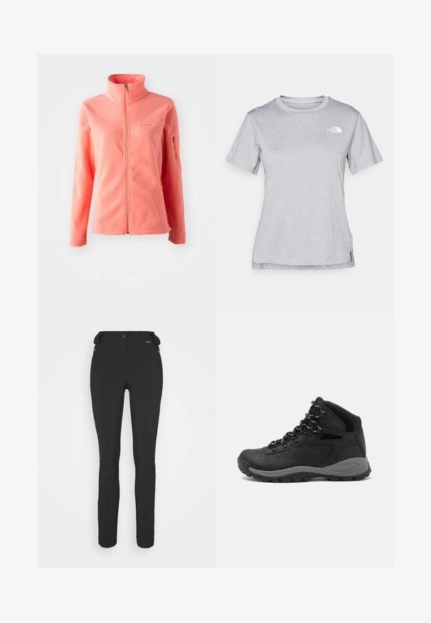 Kuscheljacke aus Korallenvlies mit hohem Kragen, durchgehendem Reißverschluss, langen Ärmeln und Seitentasche mit Reißverschluss. Weiche Textur und glatte Oberfläche.; Graues T-Shirt mit kurzen Ärmeln aus weichem, feuchtigkeitsableitendem Stoff. Hat einen Rundhalsausschnitt und ein kleines weißes Logo auf der oberen linken Seite.; Schwarze, enganliegende Hosen aus einem flexiblen Material. Zu den Merkmalen gehören eine seitliche Reißverschlusstasche, vorgeformte Knie und eine glatte Textur.; Schwarzer Wanderstiefel mit einem mittelhohen Design, ausgestattet mit einer strukturierten Oberfläche, grauen Akzenten und einer robusten Gummisohle mit Profilstollen.