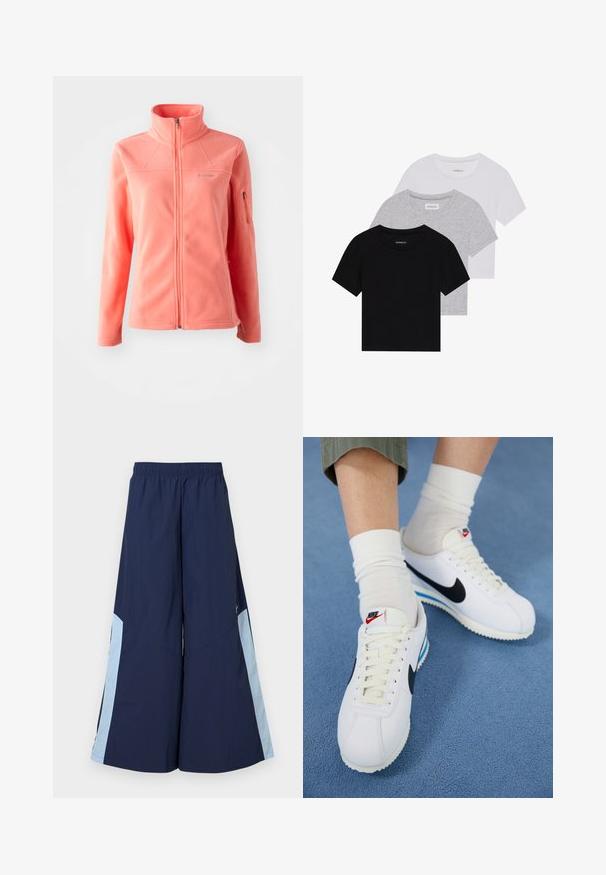Koralli froteetakki, jossa on korkea kaulus, täysipituinen vetoketju, pitkät hihat ja sivuilla vetoketjullinen tasku. Pehmeä rakenne ja sileä pinta.; Kolm lyhythihaista t-paitaa mustana, harmaana ja valkoisena. Valmistettu puuvillasta, jossa on pyöreä kaula-auko ja yksinkertainen, tasavärinen muotoilu.; Laivaston leveälahkeiset housut, joissa on joustava vyötärö, ja vaaleansiniset sivupaneelit, sekä sileä pinta. Suunniteltu mukavuuden ja liikkumisen helppouden vuoksi.; Valkoiset Nike-lenkkarit mustalla swoosh-logolla, nauhakiinnitys edessä ja valkoiset pohjat, joissa on sinisiä yksityiskohtia. Yhdistetty valkoisten putkisukkien kanssa vihreiden housujen päällä.