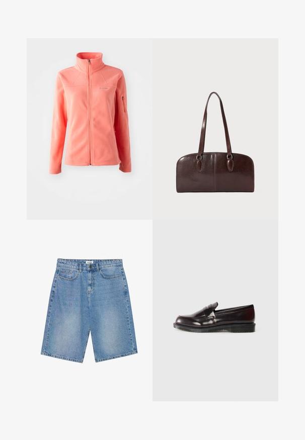 Korallfliisist jope kõrge kraega, täispikk eesmine tõmblukk, pikad varrukad ja külgedel lukuga taskud. Pehme tekstuur ja sile pind.; Valge pika varrukaga T-särk, mis on valmistatud puuvillast, väikese oranži ja bordoopunase Carhartti logoga rinnal. Ümar kaelaauk.; Kerge sinised teksapüksid lühikesed, sirge lõikega, viie taskuga disain ja kontrastõmblused. Varustatud nööbi ja tõmbluku sulgemisega.; Burgundi nahast loafersid siledal pinnal, tõstetud õmbluse detailiga ja kummist tallaga. Kujundatud ümarate varvastega ja minimaalsete metalldetailidega.; Pruunist nahast käekott, millel on kaks pikka sangad, struktureeritud ristkülikukujuline kuju, sile tekstuur ja ümarad servad. Lisasuunad on käärmeetel.