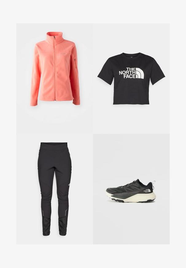 Koraal fleecejack met hoge kraag, volledige rits aan de voorkant, lange mouwen en zijzak met rits. Zachte textuur en gladde afwerking.; Zwarte cropped t-shirt gemaakt van katoen, met een wit logo met gebogen accenten en de tekst "THE NORTH FACE" op de voorkant. Korte mouwen, ronde hals.; Zwarte outdoorbroek met een aansluitend ontwerp, duurzame stof, reflecterende accenten en paneelnaden voor verbeterde mobiliteit en comfort.; Zwarte sportieve schoen met een gestructureerde bovenkant, voorzien van grijze accenten en een witte tussenzool. Inclusief een trekhaak en een opvallend merklogo op de hiel.