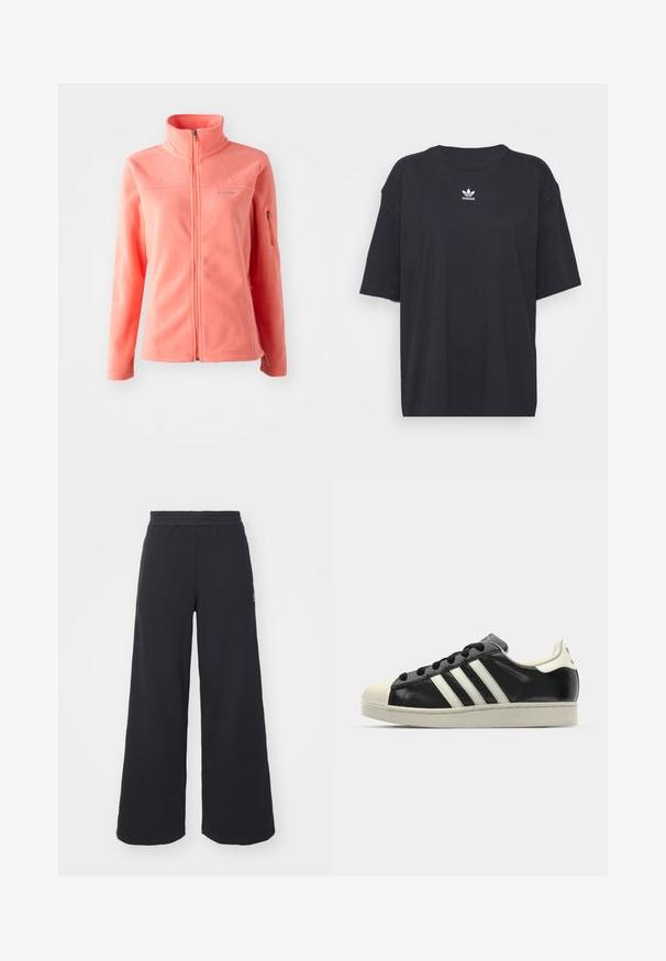Korall bolyhos dzseki magas gallérral, teljes elülső cipzárral, hosszú ujjakra és oldalsó cipzáras zsebre. Puha textúra és sima felület.; Fekete pamut póló rövid ujjakkal, kerek nyakkivágással, mellkason fehér Adidas logóval. Egyszerű dizájn, laza fazon.; Fekete, bő szárú melegítőnadrág, puha anyagból készült, rugalmas derékkal és egy kis logóval a bal oldalon.; Fekete bőrsneaker fehér csíkokkal, gumírozott orral, fekete fűzővel és krém színű talppal. Simaság és fényes felület jellemzi.