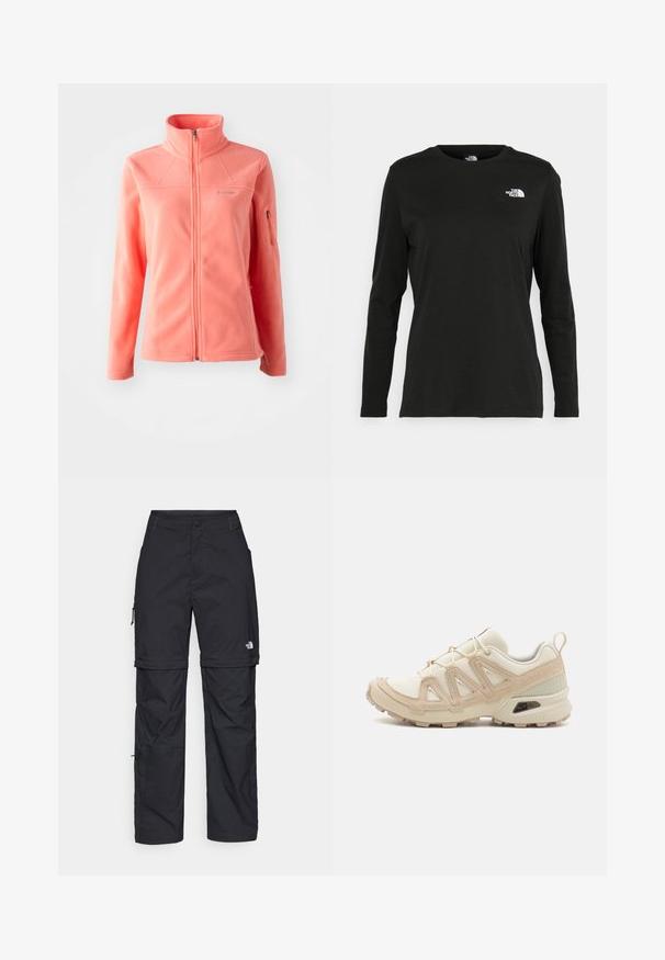 Koraal fleecejack met hoge kraag, volledige rits aan de voorkant, lange mouwen en zijzak met rits. Zachte textuur en gladde afwerking.; Zwart langsluiting T-shirt van katoen met een ronde hals. Heeft een klein wit logo op de linkerkant van de borst. Eenvoudig ontwerp en pasvorm.; Zwarte nylon cargo broek met afneembare pijpen, verstelbare manchetten, meerdere zakken en een logo op het rechterbeen. Gladde, lichte textuur.; Beige en crème sportschoen met een textuur-mesh bovenwerk, ondersteunende overlays en een rubberen zool met een profielpatroon voor grip.