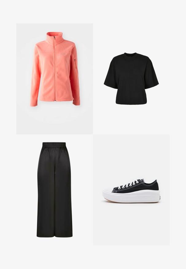 Chaqueta de forro polar con cuello alto, cremallera frontal completa, mangas largas y bolsillo lateral con cremallera. Textura suave y acabado liso.; Camiseta corta negra de algodón. Cuenta con mangas cortas y un escote redondo. Textura suave con un diseño sencillo, sin patrones adicionales.; Pantalones negros de pierna ancha hechos de una tela suave y brillante, con una cinturilla elástica y sin bolsillos visibles ni detalles de metal.; Zapatillas de lona negras con cordones blancos, puntera de goma blanca y una suela blanca gruesa. Presenta costuras blancas sutiles y una suela de goma.
