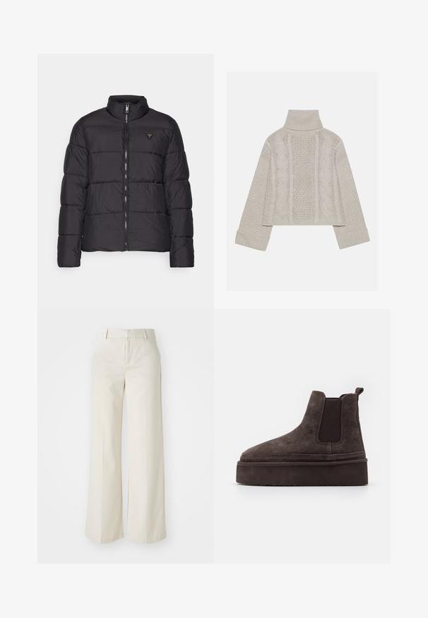 Melna pūkaina jaka ar stāvošu apkakli, kvadrātveida dizainu, priekšējo rāvējslēdzēju un nelielu logotipa akcentu kreisajā krūtī. Gluda, viegla materiāla.; Izgriezts, gaiši pelēks adīts džemperis ar augstu apkakli un ribotiem piedurknēm, ar fakturētām virknēm gar muguru un sāniem.; Platas kājās bikses gaisā bežā krāsā, izgatavotas no gludas auduma. Iezīmē klasisku jostasvietu un plakanu priekšpusi ar tīrām līnijām.; Brūni zamša Chelsea zābaki ar elastīgiem sānu paneļiem un biezas, teksturētas platformas zoli. Iespējams, ir vilkšanas cilpa uz papēža, kas atvieglo uzvilkšanu.