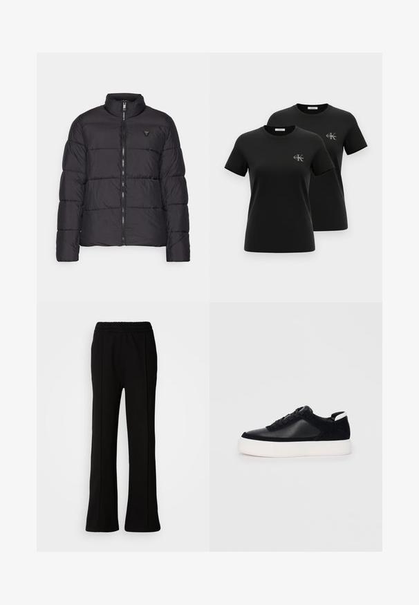 Black puffer jacket with a stand collar, quilted design, front zipper, and a small logo accent on the left chest. Smooth, lightweight material.; Two black short-sleeve crewneck t-shirts with small grey "CK Calvin Klein" logos on the left chest, displayed on a white background.; Black elastic waist pants with a flared design, featuring clean lines and no visible embellishments. Made from a smooth, stretchable fabric.; Black sneaker with smooth leather and suede panels, flat laces, rounded toe, and a white rubber sole. Distinct logo on the heel.