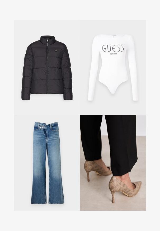 Zwarte donsjacket met een staande kraag, gewatteerd ontwerp, ritssluiting aan de voorkant en een klein logo-accent op de linkerborst. Glad, lichtgewicht materiaal.; Witte lange mouw bodysuit met een ronde hals. Voorzien van het 'GUESS' logo en 'EST.1981' in het zwart gedrukt op de voorkant. Soepele textuur.; Lichtblauwe flared jeans met een hoge taille, voorzien van twee knopen en voorzakken. De stof heeft een vervaagde textuur met subtiele variaties.; Beige hoge hakken met een gestructureerde stof met een herhalend patroon. Puntige neusontwerp met een achteraccent en gouden hakdetail.