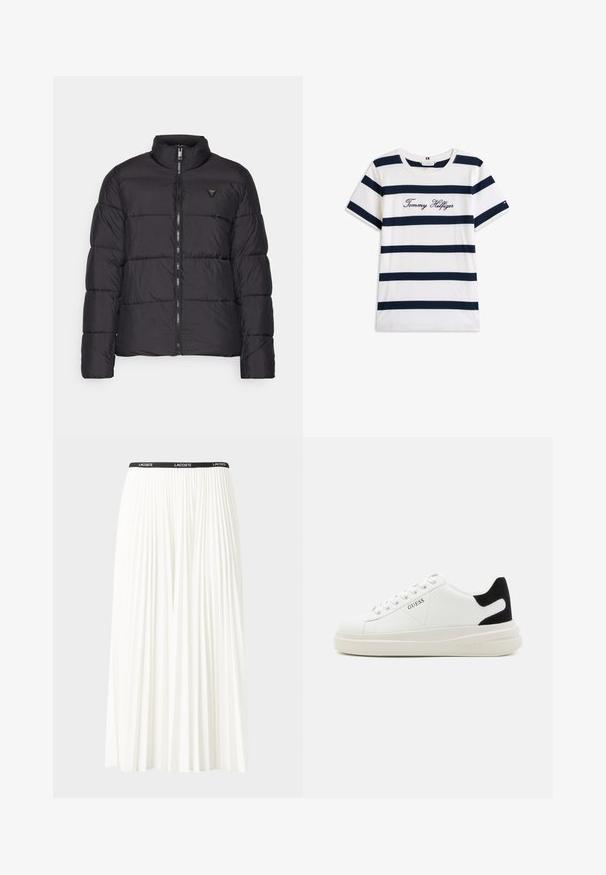 Zwarte donsjacket met een staande kraag, gewatteerd ontwerp, ritssluiting aan de voorkant en een klein logo-accent op de linkerborst. Glad, lichtgewicht materiaal.; Katoenen T-shirt met horizontale marineblauwe strepen op een witte achtergrond. "Tommy Hilfiger" geborduurd in cursieve letters op de borst. Ronde hals.; Plisséminirok in het wit met een zwarte elastische tailleband met het "LACOSTE"-logo. Middellange ontwerp met een zachte textuur.; Witte leren sneakers met een dikke witte zool, zwarte suède hielaccent en een geperst logo op de zijkant. Vetersluiting met zes oogjes.