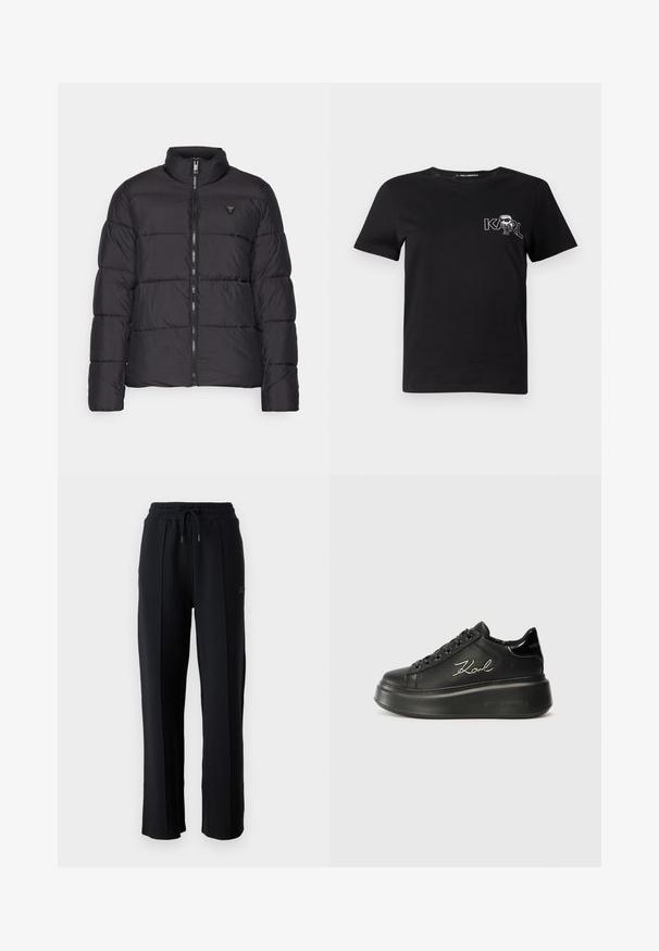 Doudoune noire avec col montant, design matelassé, fermeture éclair à l'avant et un petit logo sur la poitrine gauche. Matériau lisse et léger.; T-shirt noir à manches courtes en coton. Présente un graphique blanc avec le texte "KARL" et une figure stylisée sur la poitrine. Encolure ronde.; Pantalons de survêtement noirs avec une coupe décontractée, taille élastique, cordon de serrage ajustable et coutures verticales le long des jambes. Texture de tissu douce.; Baskets compensées noires avec une tige en cuir lisse, des lacets plats et un logo "Karl" brodé sur le côté. Bout arrondi et semelle épaisse.