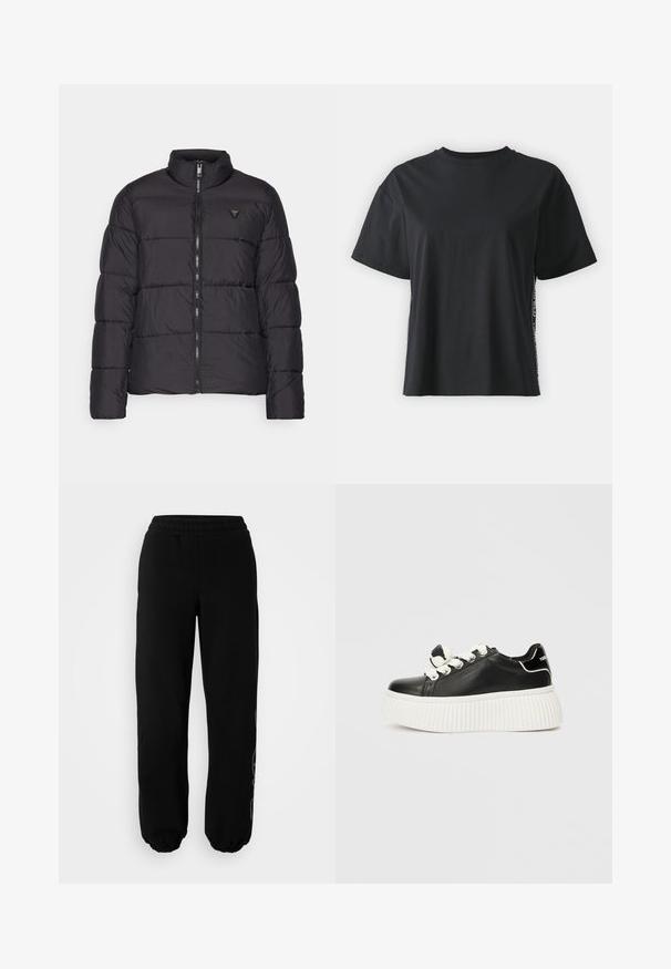 Jachetă puffer neagră cu guler în picioare, design matlasat, fermoar frontal și un mic logo pe partea stângă a pieptului. Material neted, ușor.; Tricou din bumbac negru cu mânecă scurtă, cu o croială lejeră și un panou lateral contrastant, având text mic și detalii de design.; Pantaloni de trening negri cu talie elastică și manșete. Realizați dintr-un material moale cu un detaliu de design subtil pe piciorul stâng.; Sneakers negre din piele cu o talpă groasă albă cu caneluri, având șireturi albe și un accent decorativ sub formă de fundiță pe limbă.