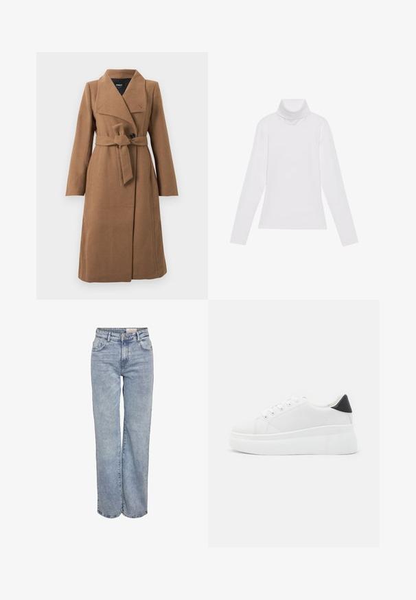 Long manteau en laine couleur camel avec un large col, un seul bouton noir et une ceinture en tissu assorti nouée à la taille.; Haut à col roulé à manches longues blanc, fabriqué en tissu lisse et extensible. Il présente un col haut et une coupe ajustée, sans motifs ni embellissements visibles.; Jeans larges bleu clair en denim, dotés d'une taille haute, d'un design à cinq poches et d'un léger dégradé pour un aspect usé.; Baskets plates blanches en matériau synthétique lisse, avec un bout arrondi, un design à lacets et une semelle en caoutchouc texturé. Accent de talon noir.