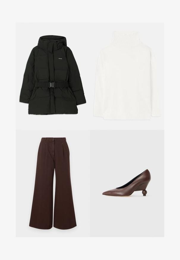 Juodas pūkuotas švarkas su gobtuvu, elastinga juosta ties liemeniu ir lygiu paviršiumi. „Holzweiler“ logotipas rodomas priekyje.; Baltas golfo megztinis su raukšlėtu apykakle ir apačia, pasižymintis švelnia tekstūra ir per dideliu siluetu, puikiai tinkantis kasdieniam dėvėjimui.; Aukšto juosmens platėjančios rudos kelnės su mygtuku ir užtrauktuku, dirželių kilpomis ir priekinėmis raukšlėmis.; Ruda odinė aukšta kulno batų avalynė su smailiu pirštu ir apvaliu, rutulio formos kulnu. Lygus paviršius su paprastu dizainu ir minimaliais akcentais.