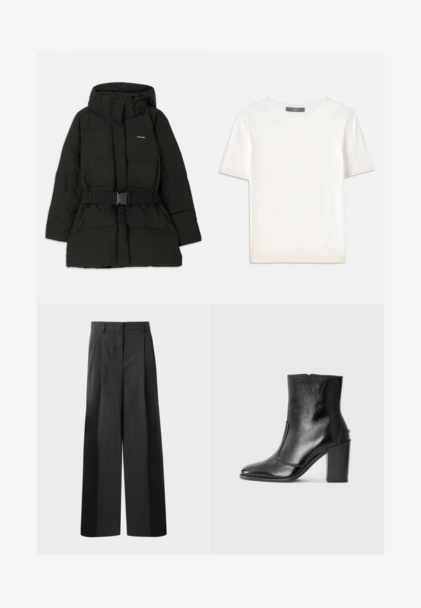 Melna pūkaina jaka ar kapuci, elastīgu jostasvietu un gludu tekstūru. Uz priekšpuses redzams "Holzweiler" logo.; Balta īsām piedurknēm adīta blūze ar apaļu kakla izgriezumu, kurai ir gluda tekstūra un smalki riboti akcenti pie piedurknēm un apakšmalas.; Melni platajā kājās bikses ar augsto jostasvietu, kas ar priekšējiem krokām, gludu tekstūru un pielāgotu apdari. Veidotas relaksētai piegrieztei.; Melnas ādas potīšu zābaki ar gludu tekstūru, smailu purngalu un masīlu augstu papēdi. Iekļauts sānu atvērums un minimālistisks dizains.