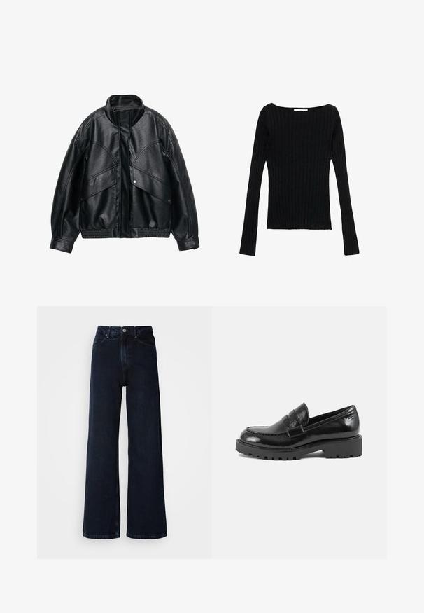 Črna jakna iz umetnega usnja z visokim ovratnikom, prevelikim krojem in rebrastim pasom. Ima velike žepne preklopke in teksturirano površino.; Črn dolgi rokav ribastega zgornjega dela s kvadratnim izrezom, ožji kroj in teksturirana tkanina. Idealno za plastenje ali vsakodnevno nošenje.; Temno modri široki traperji z visokim pasom, gumbom za zapiranje, sprednjimi žepi in gladko teksturo denima.; Črne lakirane usnjene loafer čevlje z ustrezno oblikovanim prstom, dekorativnim trakom čez zgornji del in debelim, trpežnim podplatom. Gladka, sijajna površina.