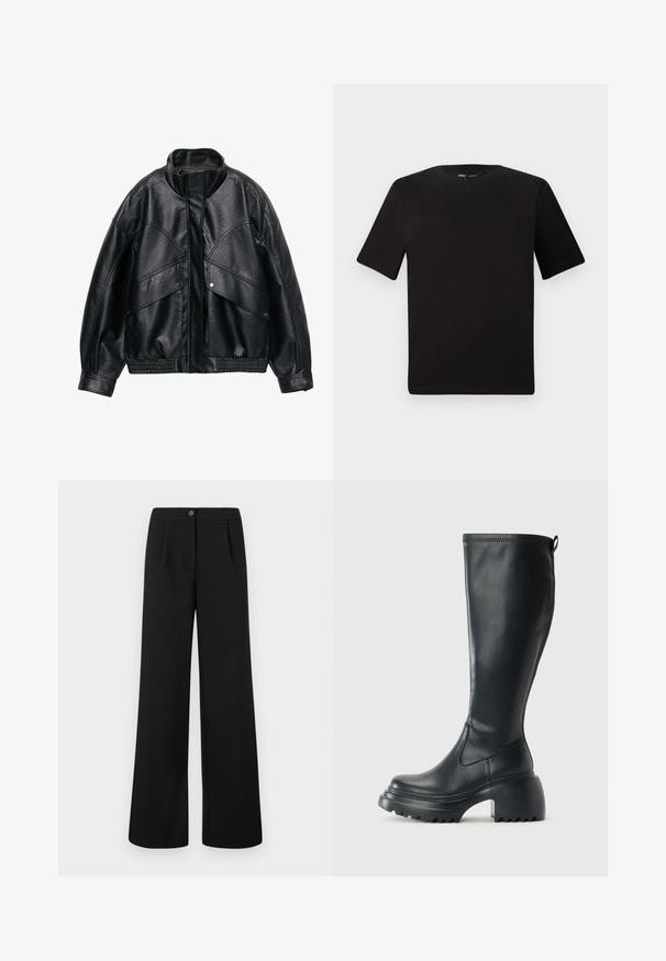 Jachetă din piele ecologică neagră, cu guler înalt, croială supradimensionată și talie cu nervuri. Include buzunare mari cu clapă și suprafață texturată.; Tricou scurt negru cu mânecă scurtă și guler rotund, realizat dintr-un material de bumbac moale. Design simplu, fără logo-uri sau modele vizibile.; Pantaloni negri culisați, cu talie înaltă și lățime mare, cu închidere frontală prin buton și fermoar, având plii subtile sub talie.; Cizme lungi din piele neagră cu talpă platformă masivă și tocul pătrat, având un tab de tragere și un model texturat pe talpa exterioară.