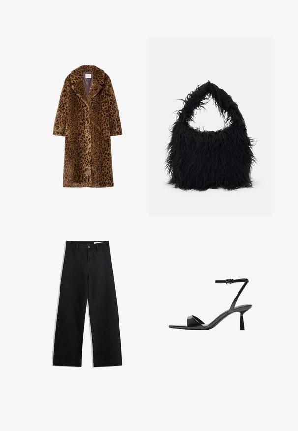 Leopardi-kuosiset tekokarvakuoret, puolipitkiä, joissa on lovettu kaulus, piilotettu nappitulppa ja pehmeä tekstuuri ruskeissa sävyissä.; Valkoinen, vetoketjukauluksellinen neulepaita pitkillä hihoilla. Valmistettu pehmeästä neulemateriaaleista, jossa on ribattu hihansuu ja helma. Huomaamaton brändilogo helmassa.; Mustat leveät farkut korkealla vyötäröllä, joissa on etu- ja takataskut, ommellut saumat ja nappisuljenta. Silkinoinen rakenne.; Bershka Korolliset sandaalit - black; Even&Odd Shopping bag - black