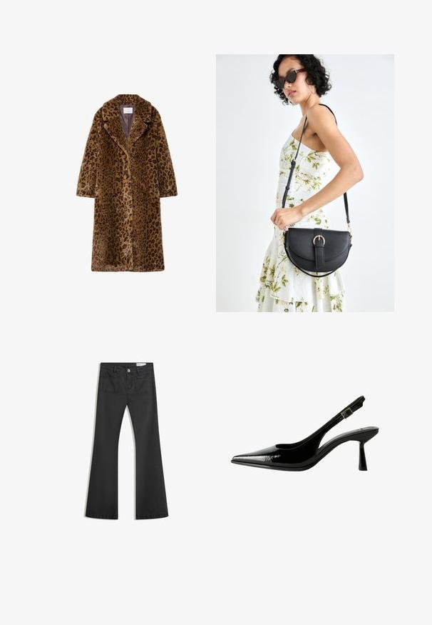 Kabát z umelého kožušinového materiálu s leopardím vzorom, strednej dĺžky, s výstrihom do "V", skrytým zapínaním na gombíky a jemne textúrovaným povrchom v odtieňoch hnedej.; Olivovo zelený pletený sveter s okrúhlym výstrihom, dlhými rukávmi a rebrovaným lemom. Vyznačuje sa skráteným strihom s jemným, textúrovaným povrchom.; Čierne rozšírené džínsy vyrobené z denimu s hladkou textúrou, obsahujúce dve zadné vrecká a zapínanie na gombík v páse.; Čierne lakované kožené slingback lodičky s špicatou špičkou, vyrezávanými bokmi, nastaviteľným remienkom okolo členka a tenkým, elegantným podpätkom.; Čierna kožená kabelka s zaobleným tvarom, odnímateľným popruhom a zlatými doplnkami. Kabelka má klopu s detailom s prackou.