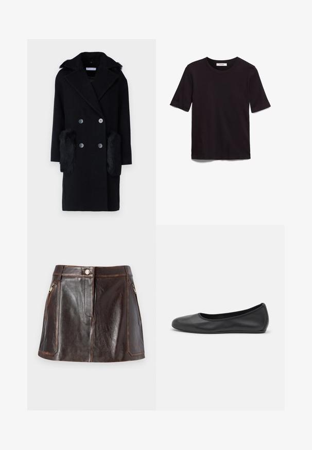 STUDIO ID DAYOUNG COAT - Manteau classique - black/toscana black; T-shirt noir à manches courtes en coton doux, avec un col rond et une texture lisse et uniforme, au design minimaliste.; Jupe mini en cuir marron avec un design épuré, deux poches latérales zippées et des coutures contrastantes sur les bords.; Ballerines en cuir noir avec un bout rond, texture lisse, détails de couture minimalistes et design de semelle flexible.