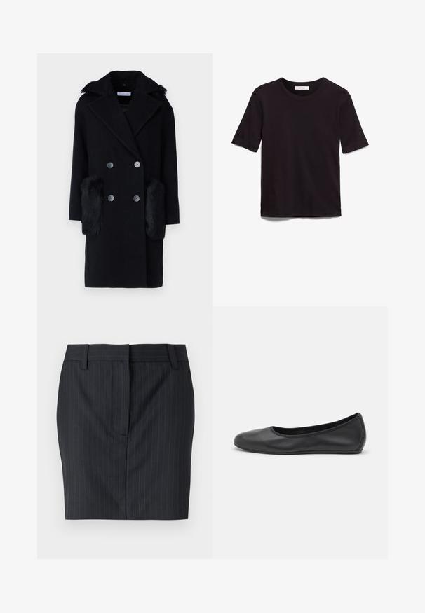 STUDIO ID DAYOUNG COAT - Palton clasic - black/toscana black; Tricou negru cu maneci scurte, fabricat din bumbac moale, având un guler rotund și o textură netedă și uniformă, cu un design minimal.; Fustă neagră cu dungi fine, croit, cu bucle pentru curea și închidere frontală ascunsă, expusă pe un fundal alb.; Balerini din piele neagră, cu vârf rotund, textură netedă, detalii de cusătură minimale și un design al tălpii flexibil.