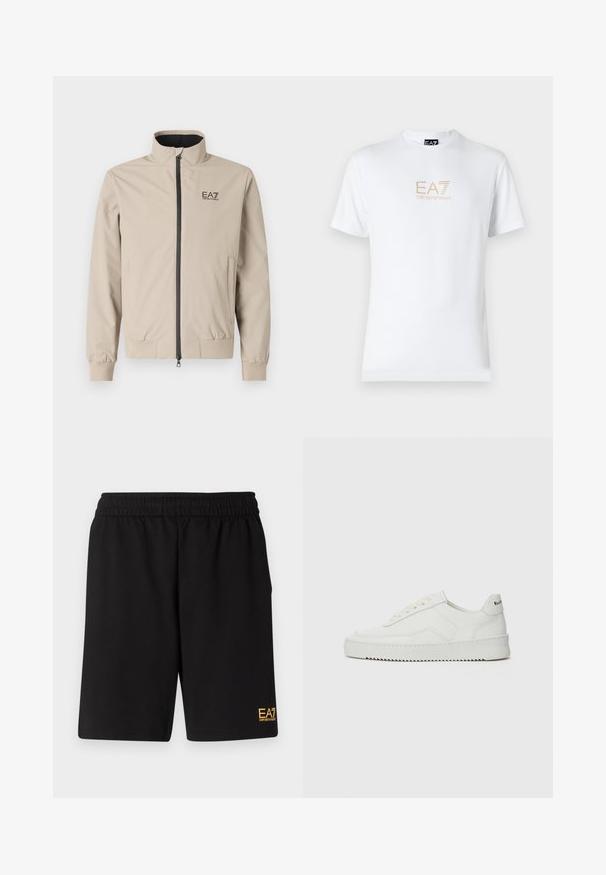 Beige lightweight jacket with high collar, front zipper, elastic cuffs, and side pockets. Features EA7 logo printed in black on the chest.; White cotton t-shirt featuring a round neckline and short sleeves, with a gold EA7 Emporio Armani logo printed on the front.; Black athletic shorts made of soft fabric,Featuring an elastic waistband and a small yellow EA7 logo on the lower left leg.; White leather sneaker with a smooth finish, round toe, flat laces, and a textured sole. Features a subtle logo on the heel.
