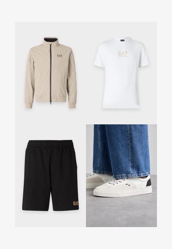 Svetlá béžová ľahká bunda s vysokým golierom, predným zipsom, elastickými manžetami a bočnými vreckami. Na hrudníku je vytlačené logo EA7 v čiernej farbe.; Biela bavlnená tričko s okrúhlym výstrihom a krátkymi rukávmi, na prednej strane s potlačou zlatého loga EA7 Emporio Armani.; Čierne športové šortky vyrobené z jemného materiálu, s elastickým pásom a malým žltým logom EA7 na dolnej ľavej nohe.; Biele a čierne tenisky s hladkým koženým zvrškom, štruktúrovanými akcentmi a masívnou bielou podrážkou. Obsahujú klasický dizajn so šnurovaním.