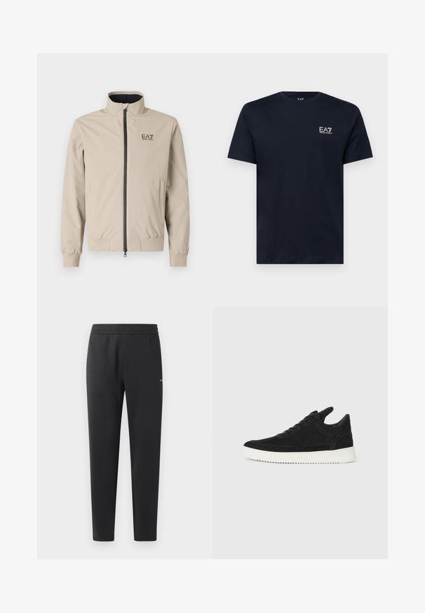 Bežna lahka jakna z visokim ovratnikom, sprednjim zadrgo, elastičnimi manšeti in stranskimi žepi. Na prsih je natisnjena črna EA7 oznaka.; Temno modra bombažna majica z kratkimi rokavi, krožnim izrezom in majhnim belim vezenim logotipom na levem prsnem delu. Gladka tekstura.; Črne trenirka hlače iz mehkega blaga, z elastičnim pasom, ravnimi nogami in z enim majhnim logotipom na strani.; Črne semiš športne copate z belo gumijasto podplatom, ki imajo toneče šive in vezalni dizajn. Gladka tekstura z modernim, poenoteno oblikovano silhueto.
