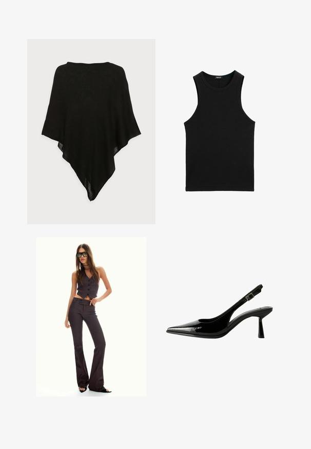 Sort sjal lavet af let, gennemsigtigt stof. Har en trekantet form og en glat tekstur, med et enkelt, minimalistisk design.; Sort ribbet tanktop med rund halsudskæring og brede ærmegab. Fremstillet af blødt, strækbart stof. Simpelt, tætsiddende design.; Brun stribet cropped vest og flagrende bukser med knapper og et tekstureret stof. Sorte åbentåede sko og overdimensionerede solbriller.; Sorte patenterede lædersandaletter med spids tå, udskårne sider, justerbar ankelstrop og en tynd, slank hæl.
