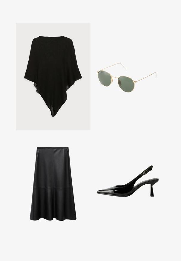 Svart sjal av lätt, genomskinlig tyg. Har en triangulär form och en mjuk textur, med en enkel, minimalistisk design.; Brun långärmad topp med rundad halsringning, prydd med stora vita prickar och rynkdetalj vid midjan för en figursydd look.; Svart läderkjol, A-linjeformad, knälång, slät textur, sömdetaljer, utsvängd fåll och osynlig dragkedjestängning bak.; Svart lackläder slingback pumps med spetsig tå, urklippta sidor, justerbart vristband och en tunn, elegant klack.; Guldmetallbågar solglasögon med gröna linser, rund form, tunna templer och vita plastdetaljer på ändarna av bågarna.; Brun handväska i fuskpäls med samlad design och dragsko. Mjuk textur, rundad form och minimalistisk stil.; Guld hoopörhängen med en strukturerad yta, prydda med en rad små klara kristaller längs kanten och en stiftfästning.