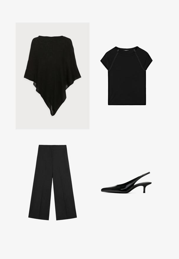Černý šátek s lehkým, průsvitným materiálem. Má trojúhelníkový tvar a hladkou strukturu, s jednoduchým, minimalistickým designem.; Černý top s krátkým rukávem, který má kulatý výstřih a kontrastní bílý šev na ramenech a po stranách. Měkká a hladká tkanina.; Černé kalhoty širokých nohavic s elastickým pasem. Vyrobené z lehké látky s hladkou texturou a čistým, minimalistickým designem.; Černý špičatý slingback s lesklou koženou povrchovou úpravou a tenkým, nízkým podpatkem. Obsahuje výřez na boku pro prodyšnost.