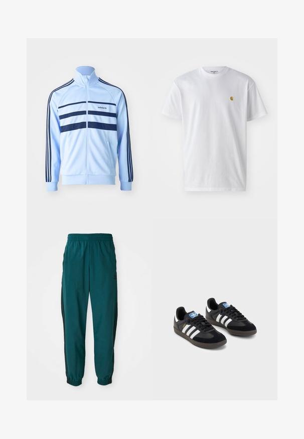 Ljusblå idrottsjacka med marinblå ränder, dragkedja och ståkrage. Har logotyp på bröstet och kontrasterande muddar.; Vit bomullströja med korta ärmar, rund halsringning, med en liten guldlogotyp på vänster bröstområde. Mjuk textur och vanlig passform.; Teal sportbyxor med dragsko i midjan, elastiska muddar och svarta sidostråkar. Tillverkade av lättviktsmaterial och har en logo nära höften.; Svarta sneakers med övre del av mocka och syntetmaterial, med tre vita ränder, texturerad gummisula och blå logotags på tungan.