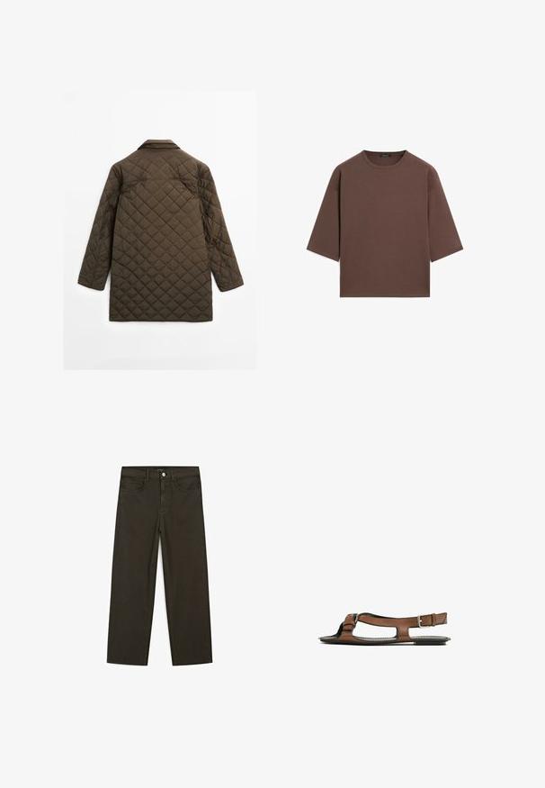 Bruine gewatteerde jas met een kraag, voorzien van ruitpatronen, lange mouwen en een rechte snit, gemaakt van gewatteerd materiaal.; Bruine cropped t-shirt met een ronde halslijn, korte mouwen en een zachte textuur. Ontworpen met een losse pasvorm en minimale details.; Donkergroene wijde jeans van een katoenmix, met een sluiting met een voorste knop, vijf zakken en klassieke denimstiksels.; Bruine leren sandaal met een open teen en zijuitsparingen. Voorzien van een enkelband met een metalen gesp en een platte zool.