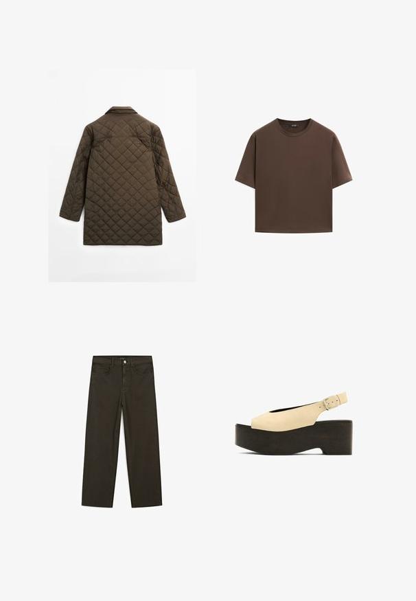 Brauner gesteppter Mantel mit Kragen, gestaltet mit Rautenmuster, langen Ärmeln und geradem Schnitt, aus gepolstertem Material.; Braunes Baumwoll-T-Shirt, kurze Ärmel, runder Halsausschnitt, lockere Passform, glatte Textur, minimalistisches Design, keine sichtbaren Muster oder Akzente.; Dunkelgrüne Jeans im weit geschnittenen Style, hergestellt aus einem Baumwollgemisch. Sie verfügen über einen Frontknopfverschluss, fünf Taschen und klassische Denim-Nähte.; Beige Wildledersandalen mit Plateau, offenen Zehen, Slingback-Design und einem dunklen, holzähnlichen Fußbett, ausgestattet mit einer Metall-Schnalle zur Anpassung.