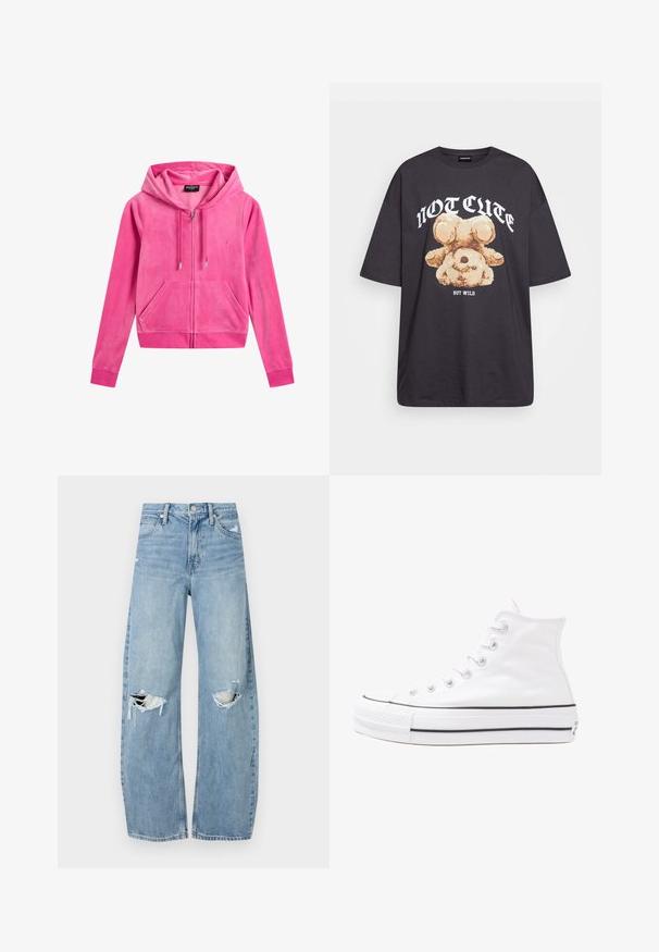 Felpa rosa in velluto con zip, cappuccio con cordino, tasche frontali, polsini a coste e un piccolo logo ricamato sul petto sinistro.; T-shirt nera oversize con una grafica di un orso e la scritta "NON CARINA MA SELVAGGIA" in grassetto, lettere bianche. Materiale in cotone.; Jeans azzurri chiari a vita alta realizzati in denim. Presentano gambe larghe, due aree strappate sulle ginocchia e il classico styling a cinque tasche.; Sneaker alta in tela bianca con suola in gomma nera, punta in gomma frontale e sei asole per i lacci, caratterizzata da un design pulito e minimalista.