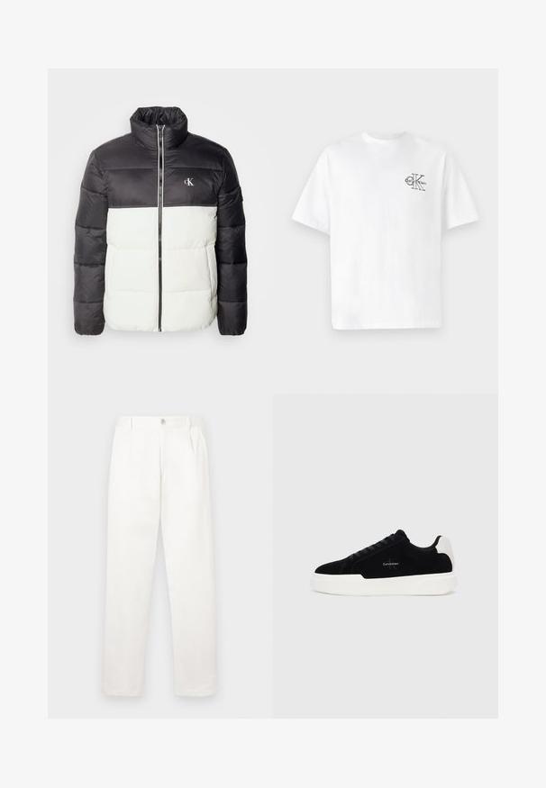 Black and white puffer jacket with a high collar, zip closure, quilted texture, and logo on the chest. Features long sleeves and a boxy fit.; White cotton t-shirt with short sleeves, crew neck, featuring a black CK logo on the left chest area, standard fit, smooth texture.; White trousers made from smooth fabric, featuring a straight leg design, front pleats, and a single button closure at the waist.; Black low-top sneaker with white sole and heel tab, lace-up front, and Calvin Klein logo on side.