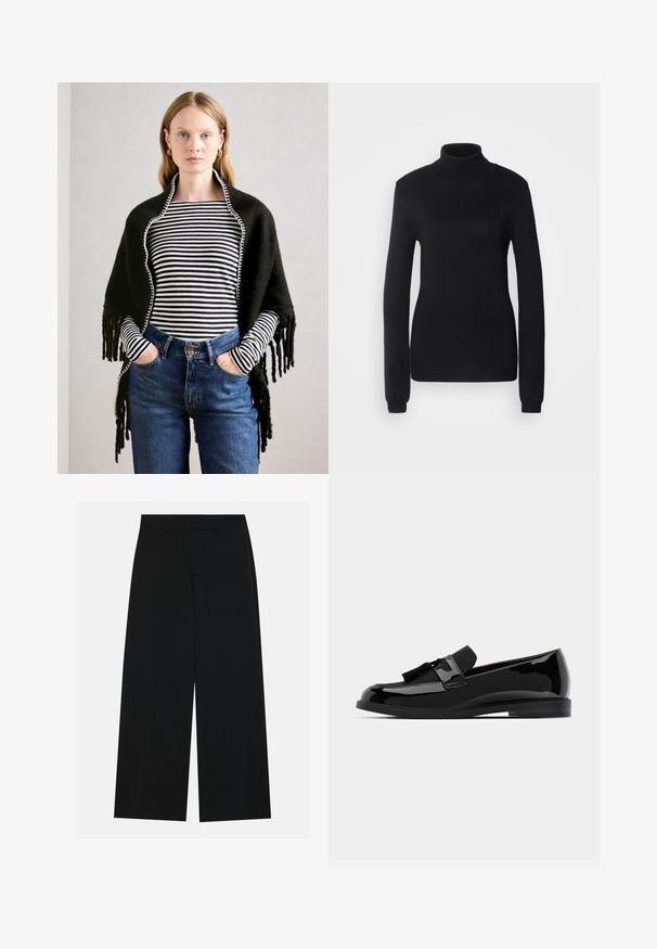 Žena sa svijetlom kosom nosi crni šal preko dugih rukava s crno-bijelim prugama i trapericama visokog struka u plavoj boji, ruke u džepovima.; Crni jumper s visokim ovratnikom napravljen od mekane pletene tkanine, s dugim rukavima i prilagođenim siluetom, ribanim ovratnikom i rubom.; Široke crne hlače izrađene od glatkog materijala. Imaju ravni pojas s peteljkama za remen i bez vidljivih džepova. Jednostavan dizajn.; Crne lakirane kožne cipele s ravnim potplatom, s detaljem resica i glatkom površinom, dizajnirane s zaobljenim prstom i suptilnim šavovima.