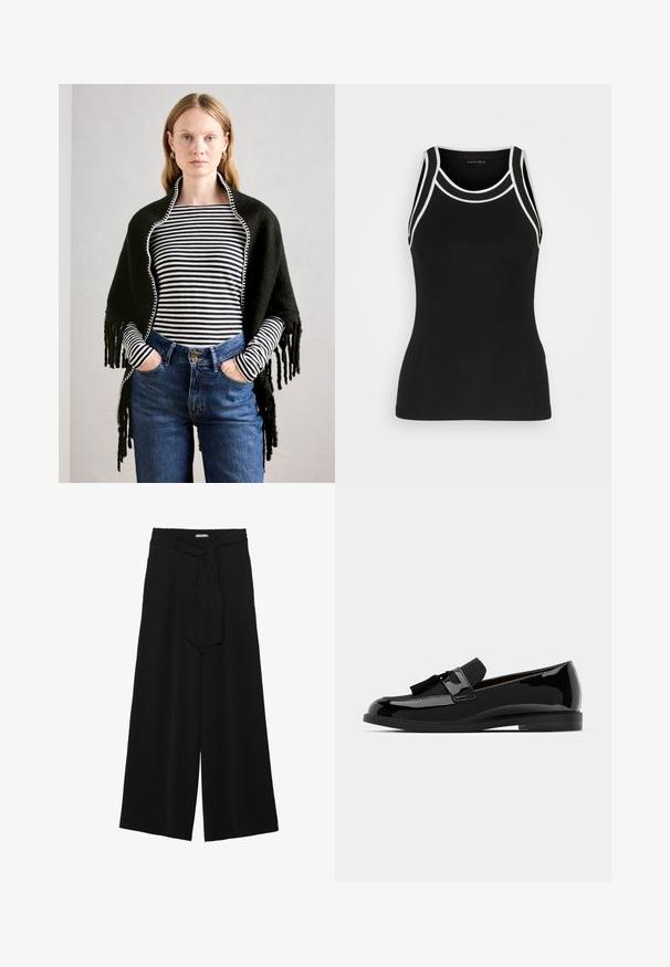 Žena sa svijetlom kosom nosi crni šal preko dugih rukava s crno-bijelim prugama i trapericama visokog struka u plavoj boji, ruke u džepovima.; Crni rebrasti top s bijelim detaljima. Ima okrugli izrez i dizajn na leđima poput trkaćeg dresa. Napravljen je od rastezljivog materijala za udobnost.; Crne široke hlače od teksturirane tkanine, s elastičnom pojasom i odvojivim remenom na struku za prilagodivo pristajanje.; Crne lakirane kožne cipele s ravnim potplatom, s detaljem resica i glatkom površinom, dizajnirane s zaobljenim prstom i suptilnim šavovima.