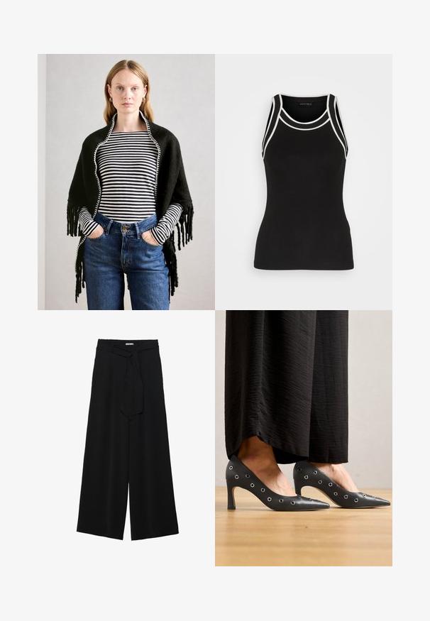 Kobieta o jasnych włosach nosi czarny szal na czarnej i białej pasiastym topie z długim rękawem oraz w niebieskich dżinsach wysokiej talii, ręce w kieszeniach.; Czarny prążkowany top bez rękawów z białymi akcentami. Posiada okrągły dekolt i wycięcie na plecach w stylu racerback. Wykonany z elastycznej tkaniny dla komfortu.; Czarne spodnie szerokie z teksturowanej tkaniny, z elastycznym paskiem w talii i odpinanym paskiem w talii dla regulowanego dopasowania.; Czarne skórzane szpilki z ostrym noskiem, zdobione metalowymi oczkami po bokach oraz szczupłym obcasem w stylu stiletto.